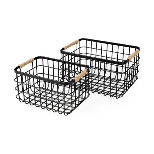 Minimalist Marius 20.9L x 15.2W x 12.2 Set of Two Matte Black Metal W Rope Trim Rectangular Baskets Selected