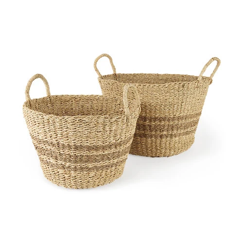 Dependable Vance 17.7L x 17.7W x 11.8H Light Brown Palm Leaf and Seagrass Round Basket W Handles Safe