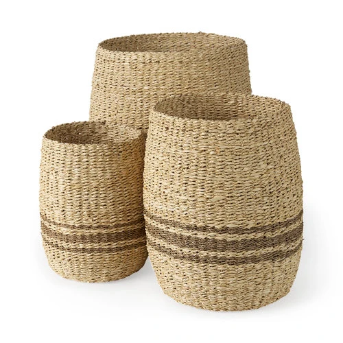 Trusted Sivannah 19.7L x 19.7W x 23.6H Set of 3 Light Brown and Medium Brown Striped Seagrass Round Basket Reusable