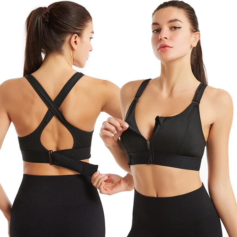 Convenient Women's Front Zipper Sports Bra Shockproof Cross Back Removable Straps Fine Crafted