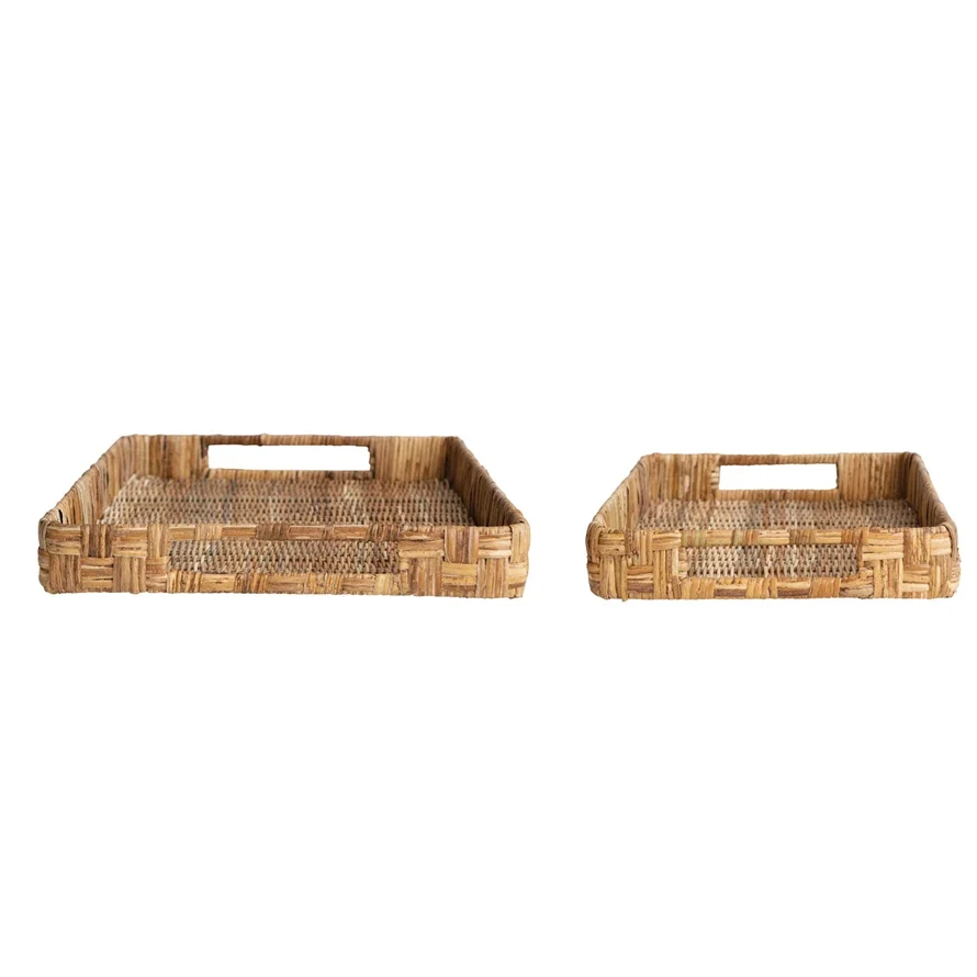 Reusable Decorative Hand-Woven Rattan Trays w Handles Natural Set of 2 Verified
