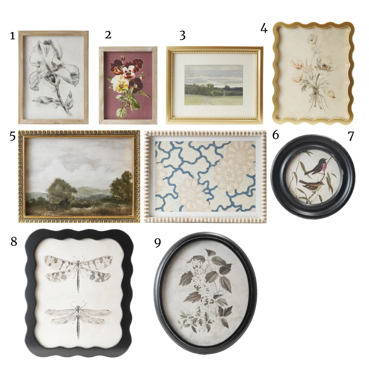 Long-Lasting Wood Framed Glass Wall Decor w Landscapes Botanicals Insect Prints Reliable