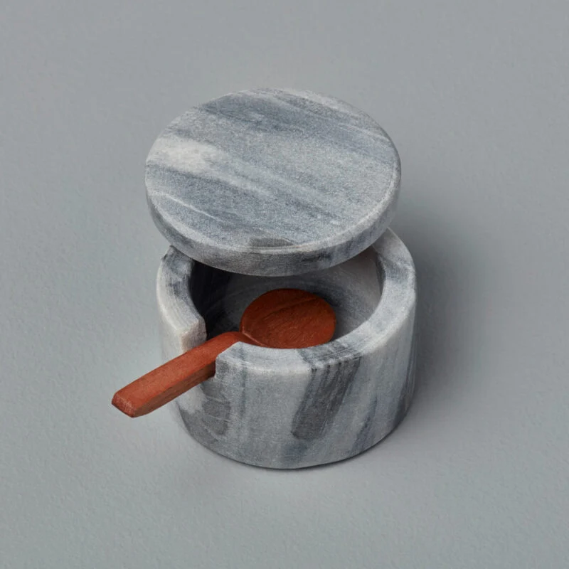 Top-Quality Gray Marble Lidded Cellar with Wood Spoon Modern