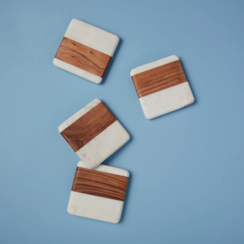 Easy-to-Use White Marble Wood Square Coasters - Set of 4 Original