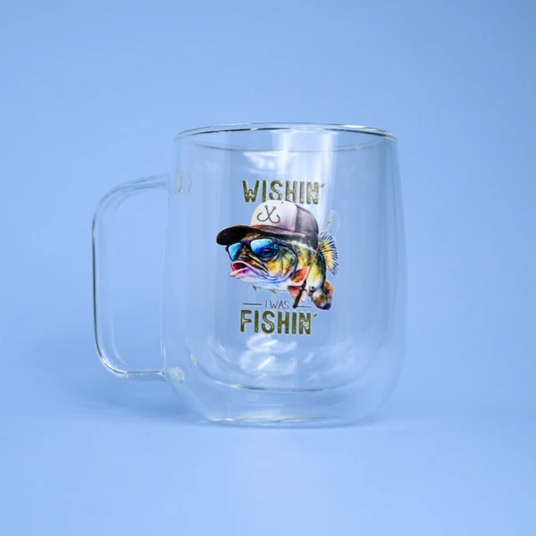 World-Class Wishin I Was Fishin Double Wall Glass Mug Responsible