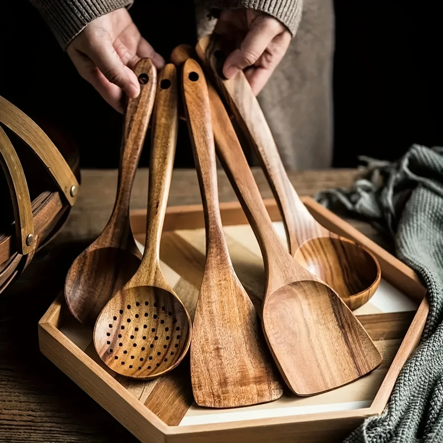 Expertly Made 5-Piece Wooden Kitchen Utensil Set for Non-Stick Pans Breathable