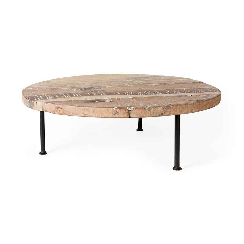 Original Design Cedric 20L x 20W x 4.5 Round Light Brown Wood w Black Metal Legs Decorative Display Stand Relaxed