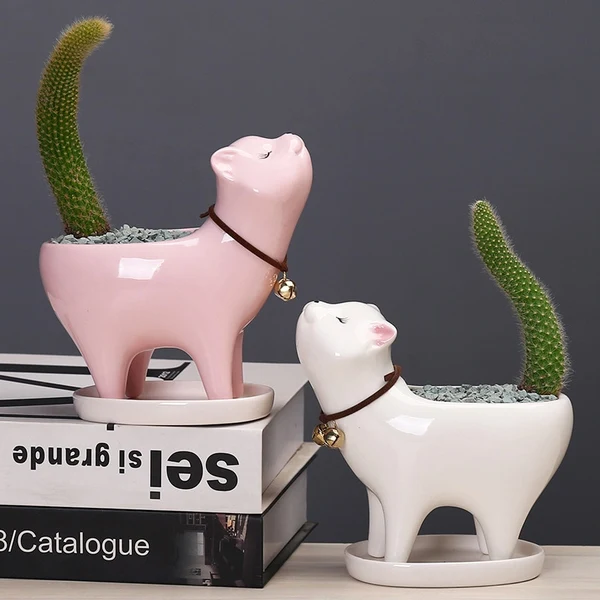 Green Ceramic Cat Tail Cactus Flowerpot Fast