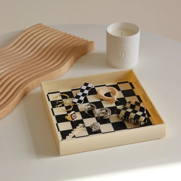 Enhanced Checkered Marble Decorative Tray Recyclable