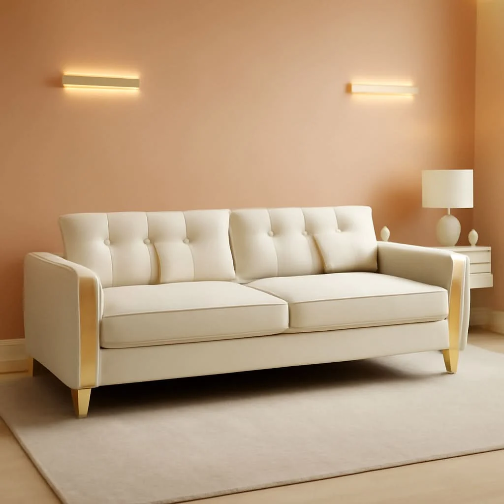 Classic 86 Inch Loveseat Sofa Set With Gold Metal Legs Beige Velvet Upholstery Powerful