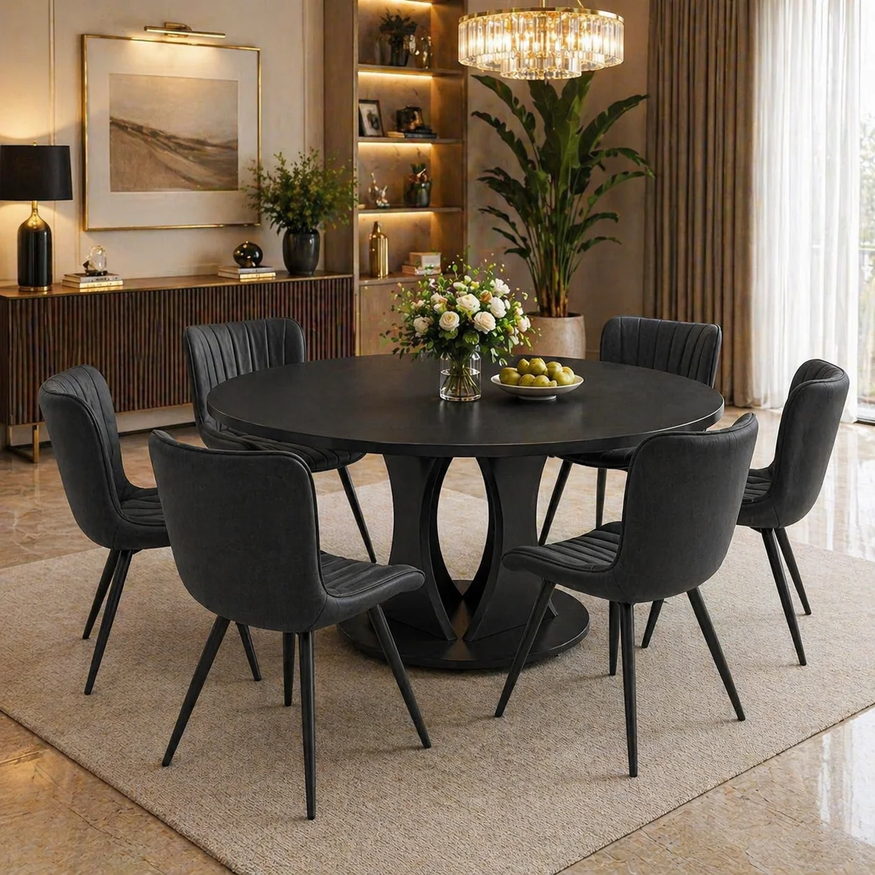 Fashionable 59 Extendable Round Dining Table Set with 6 PU Leather Chairs Black Unique