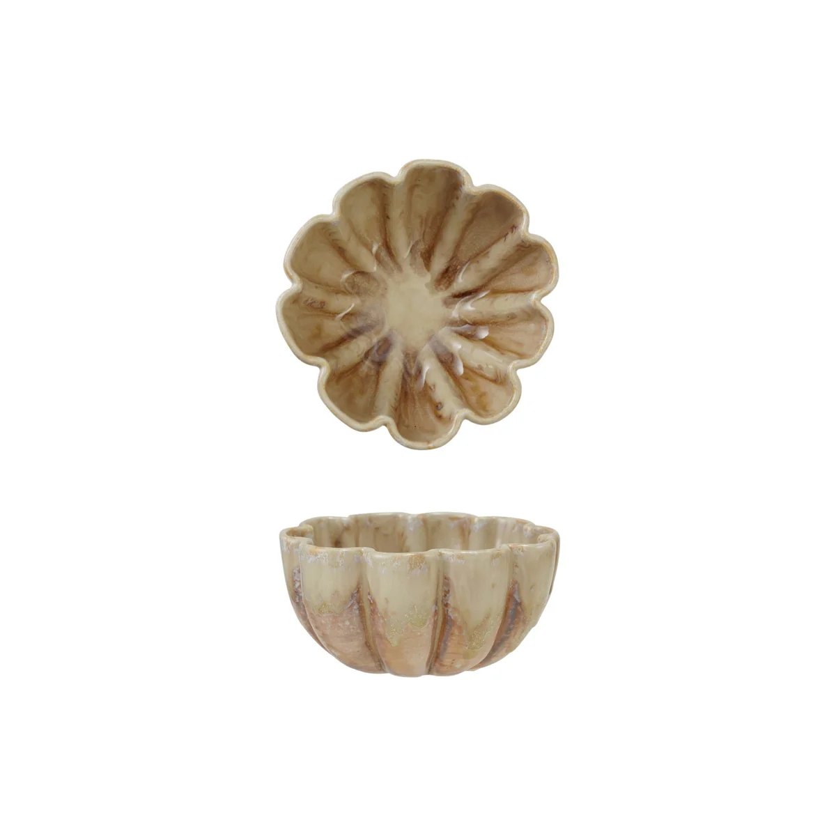 Environmentally Friendly Reactive Crackle Glaze Stoneware Fluted Scalloped Bowl Brown Selected
