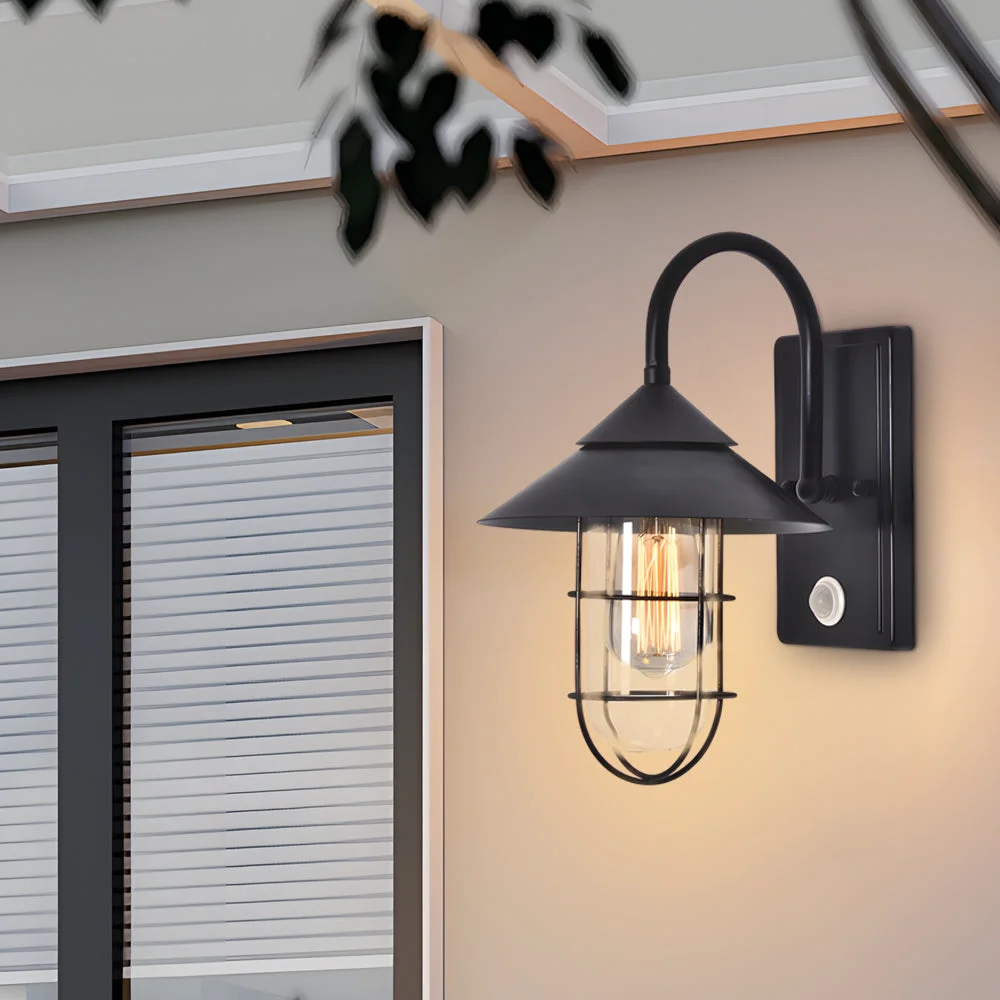 Next-Generation Retro Round Iron Glass Waterproof Motion Sensor Black Outdoor Wall Lights Authentic