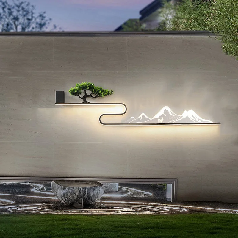 Minimalist Mountain Scenery Waterproof LED Modern Outdoor Wall Lights with External Battery Detailed