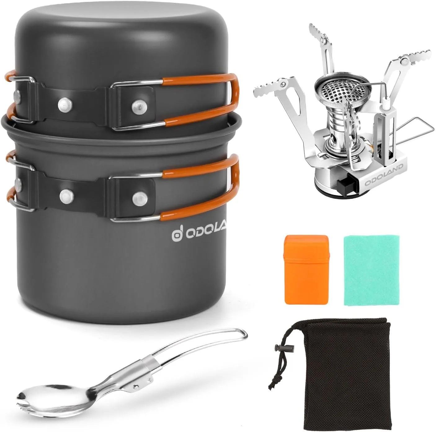 Comfortable Odoland 6pcs Camping Cookware Mess Kit with Lightweight Pot Stove Spork and Carry Mesh Bag Great for Backpacking Outdoor Camping Hiking and Picnic Professional