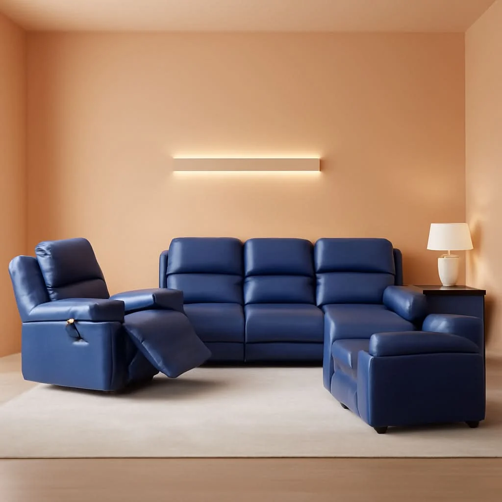 Outstanding Dark Blue Leather Recliner Sofa Set For Living Room 3 Piece Organic