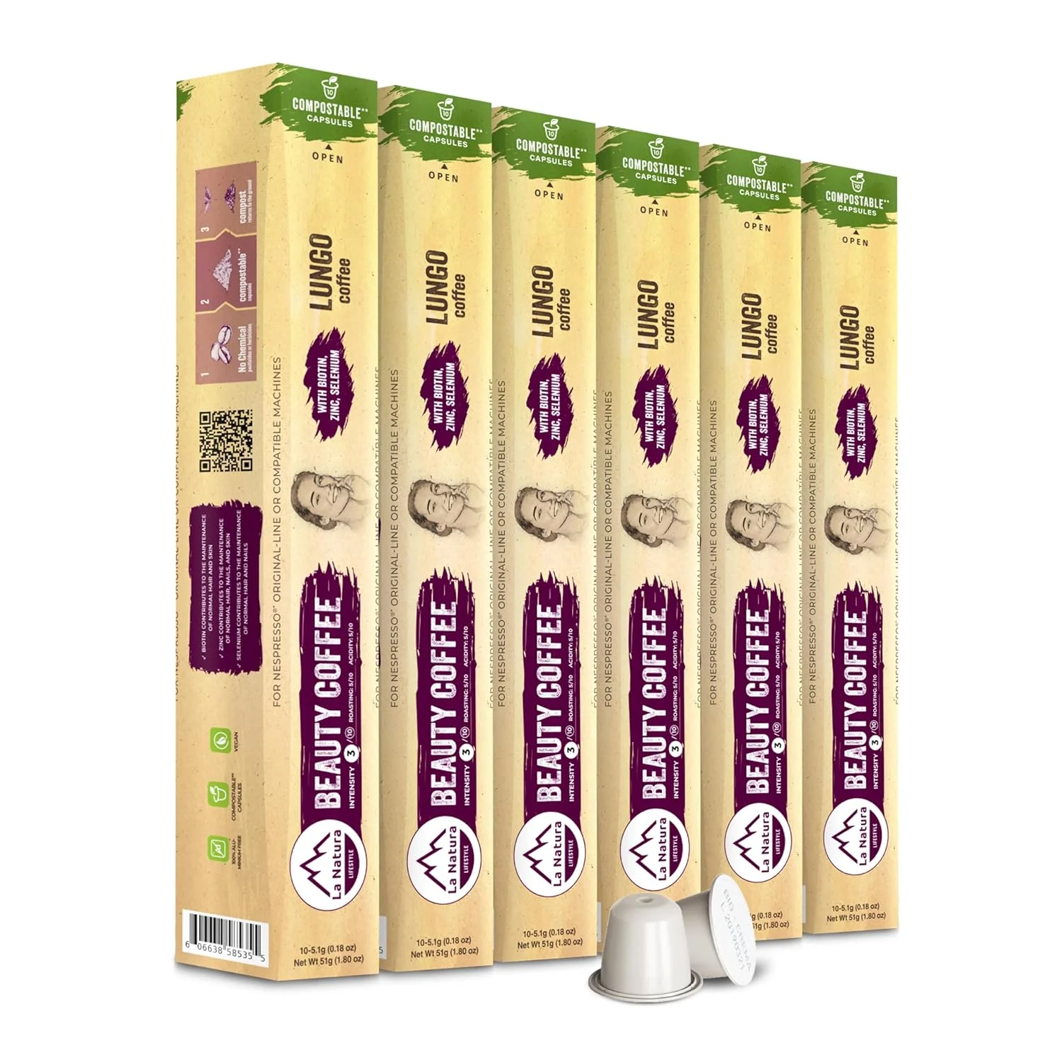 Quality La Natura Lifestyle Beauty Coffee Pods - Lungo Roast European-Style with Biotin Zinc Selenium for Hair Skin Nails Health - Compostable Nespresso Line Compatible Capsules - Pack of 60 Exclusive