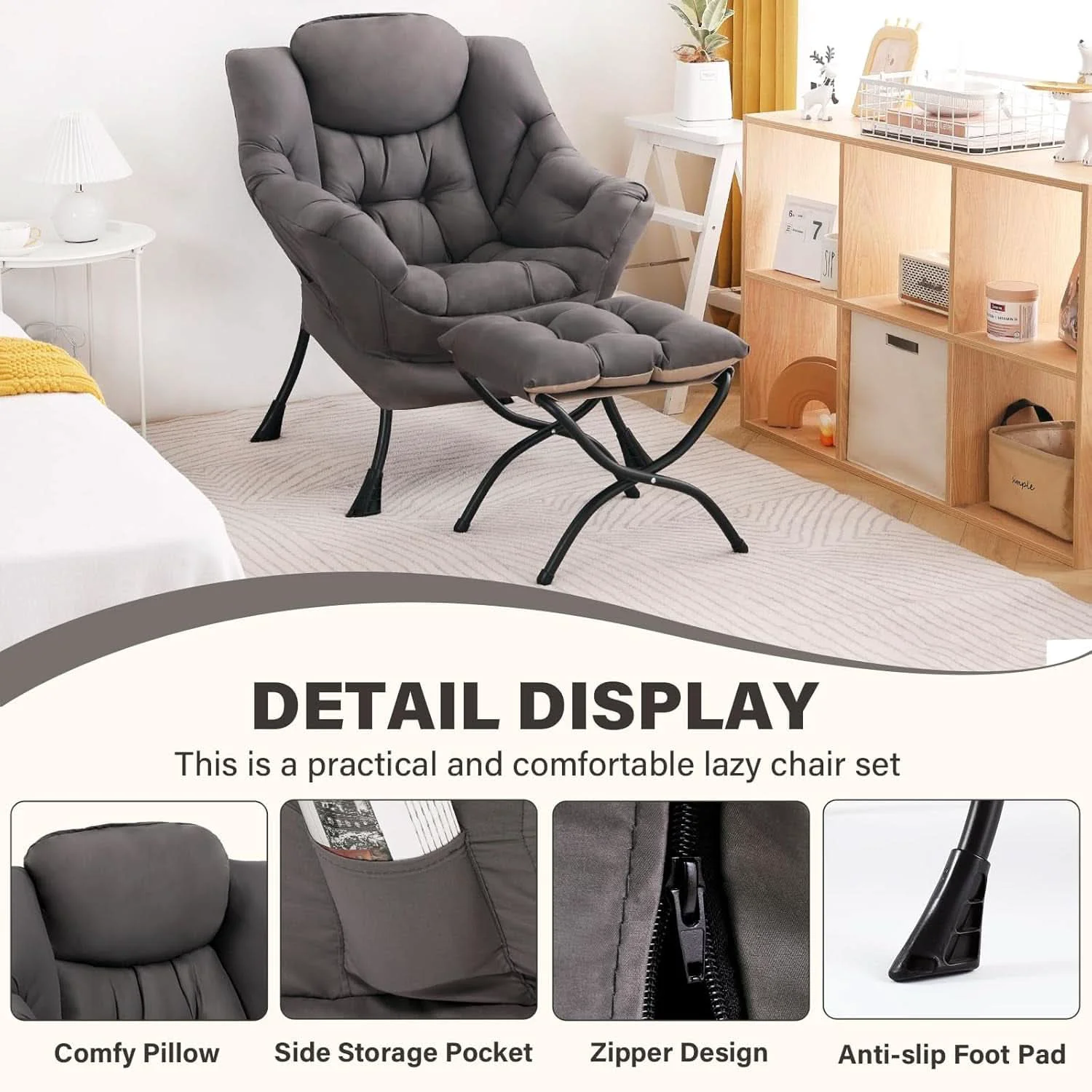 Contemporary Dark Grey Lazy Chair With Armrests For Living Room Comfort Official