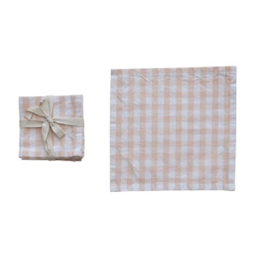 Detailed Cotton Cocktail Napkins w Gingham Pattern - Blush Color - Set of 4 Flexible