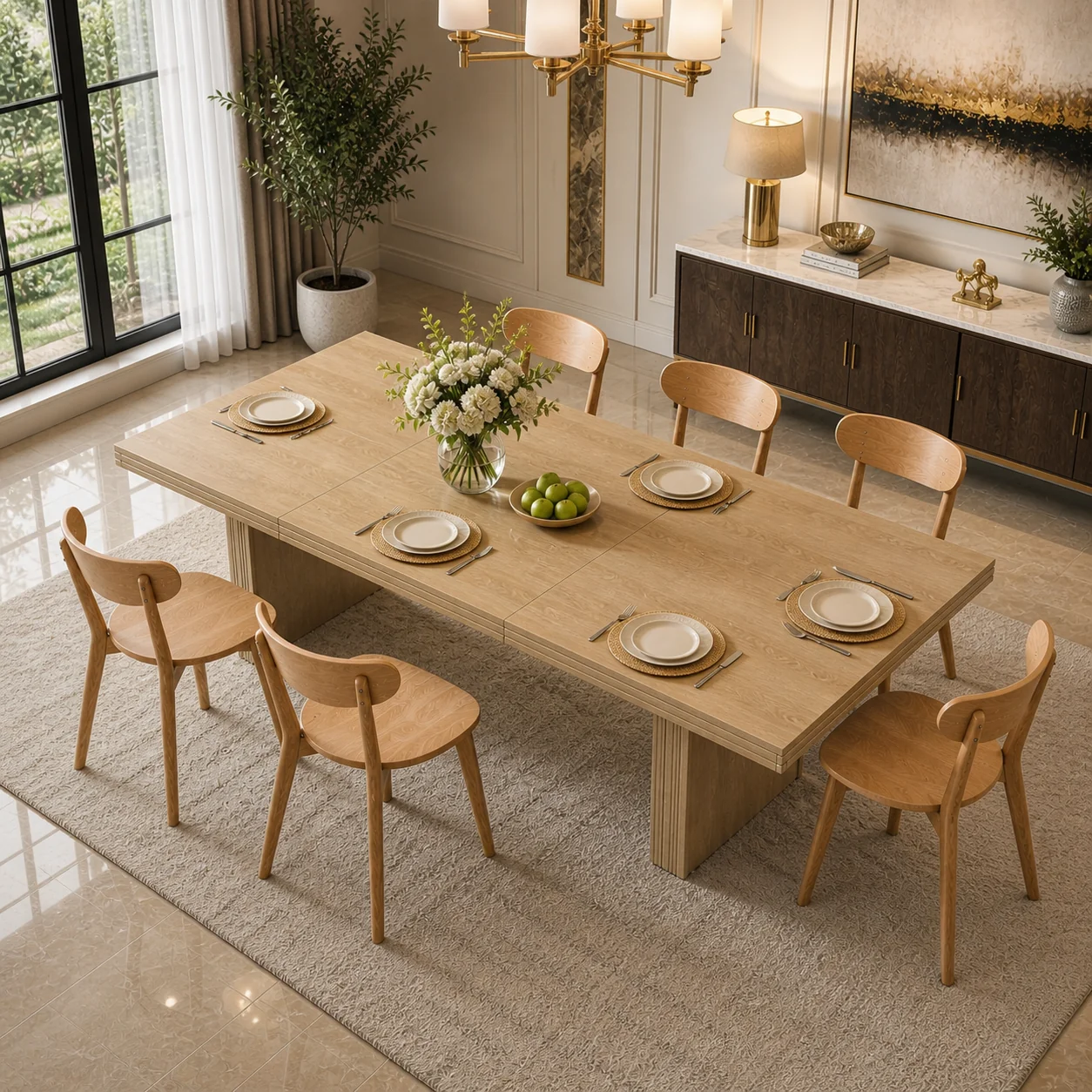 Breathable 63 Farmhouse Dining Table Set with 6 Solid Oak Dining Chairs Natural Elite