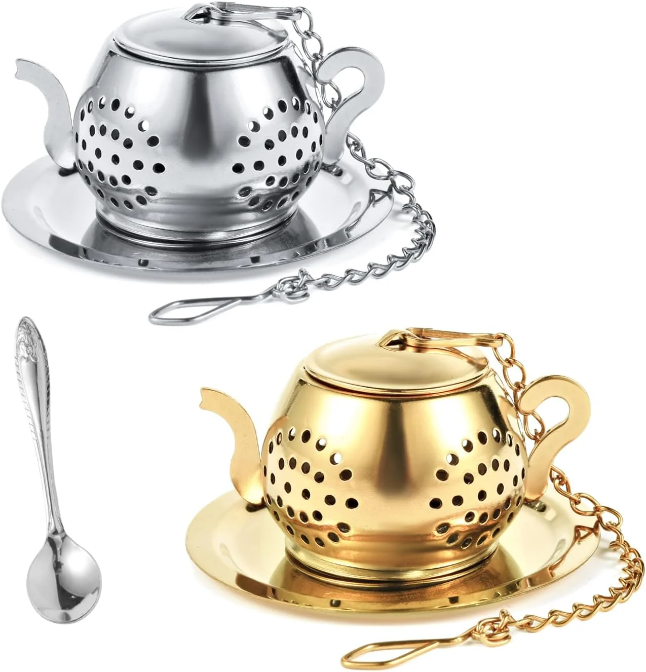 Convenient 2 Pack Tea Infusers with Spoon Loose Leaf Tea Strainer Teapot Design Cute Teapot Design 304 Stainless Steel Spoon Included for Loose Leaf Tea and Tea Lover Gifts Eco-Friendly