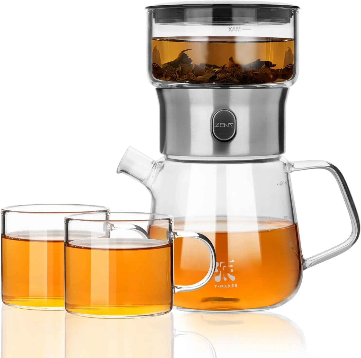 Flexible ZENS Modern Glass Infuser Pot Set with 2 Cups One Touch Loose Tea Maker Tea Pot Mess Tea Steeper with 13.5oz Glass Teapot TeaDiffusers for Herbal Tea Lovers Black Selected