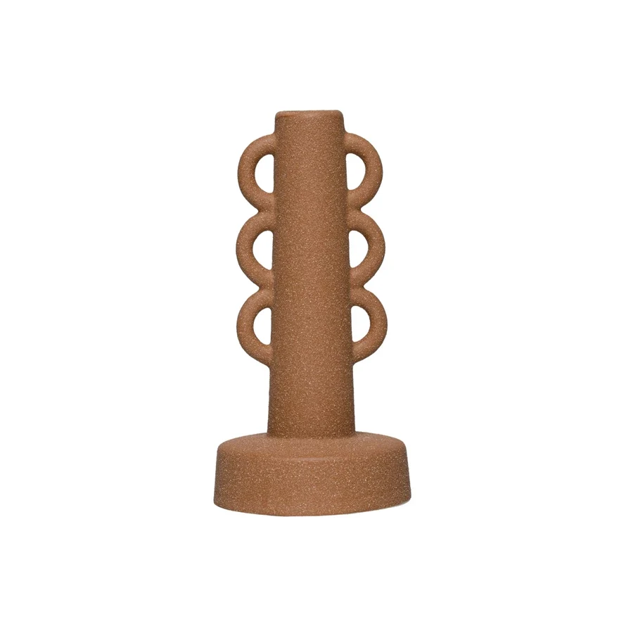 Crafted Stoneware Taper Holder w Handles Sand Finish Reusable