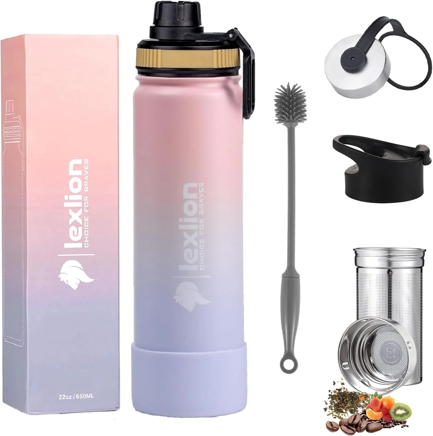 Elite Lexlion Tea Infuser Bottle - Fruit Infuser Water Bottle 22 Oz Triple Walled Insulated Stainless Steel Bottle Thermal Leaf Silicone Sleeve Soft