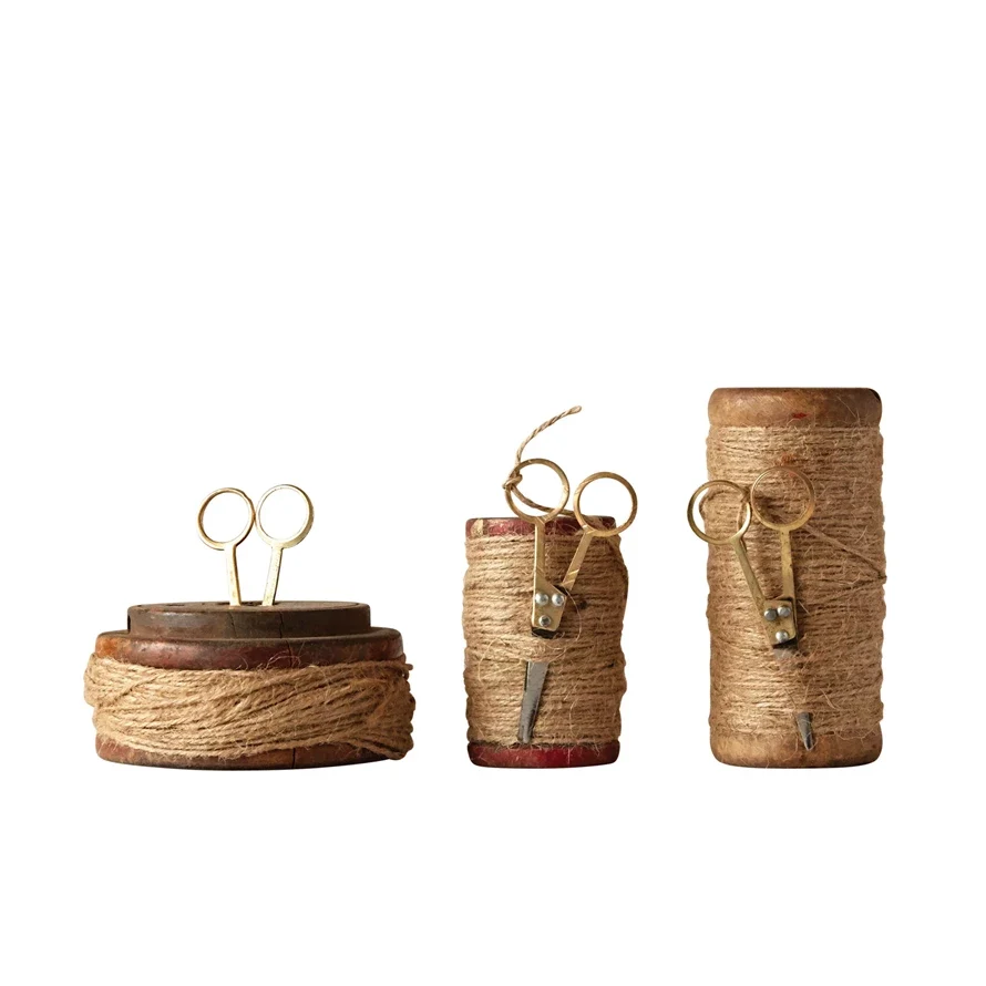 Natural Found Wooden Spools with Jute and Scissors Set of 3 Exclusive