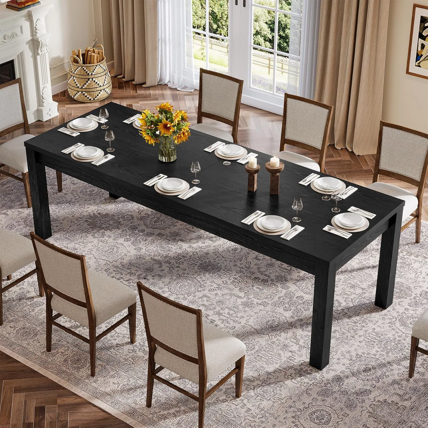 Durable Solid Wood Black Farmhouse Rectangular Dining Table Dependable