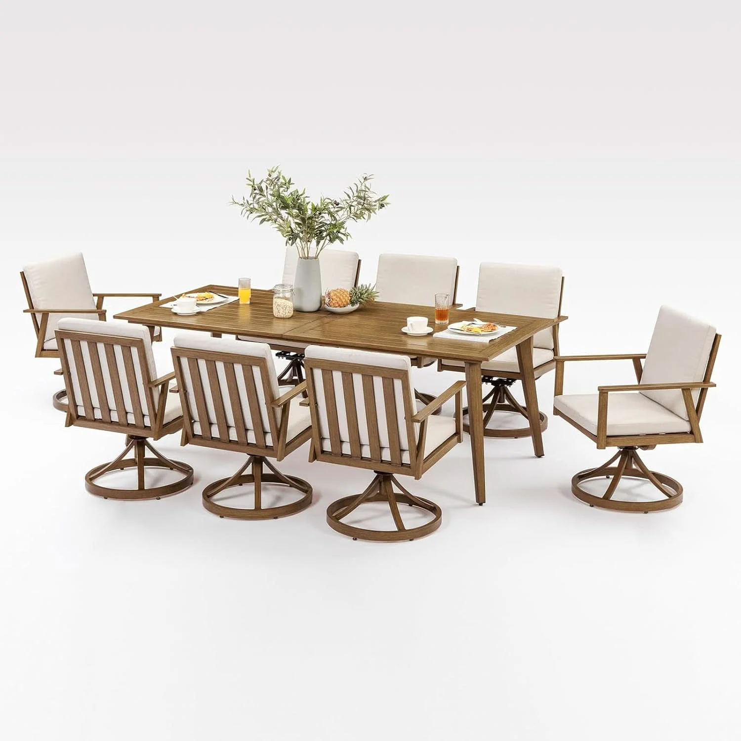 High-End Nine Piece Outdoor Patio Dining Set with Swivel Chairs Innovative