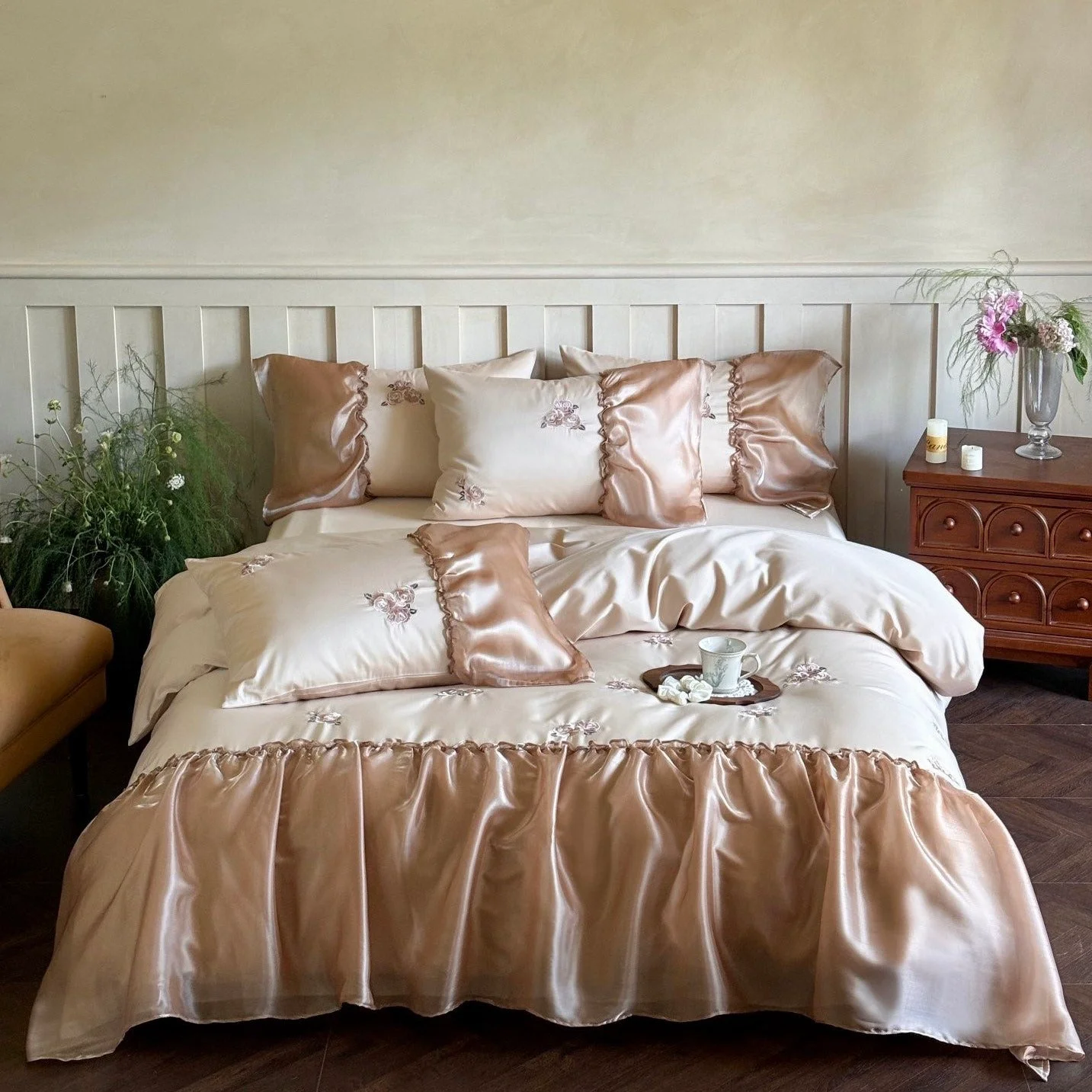 Traditional Silky Rose Ruffle Bedding Set Trendy