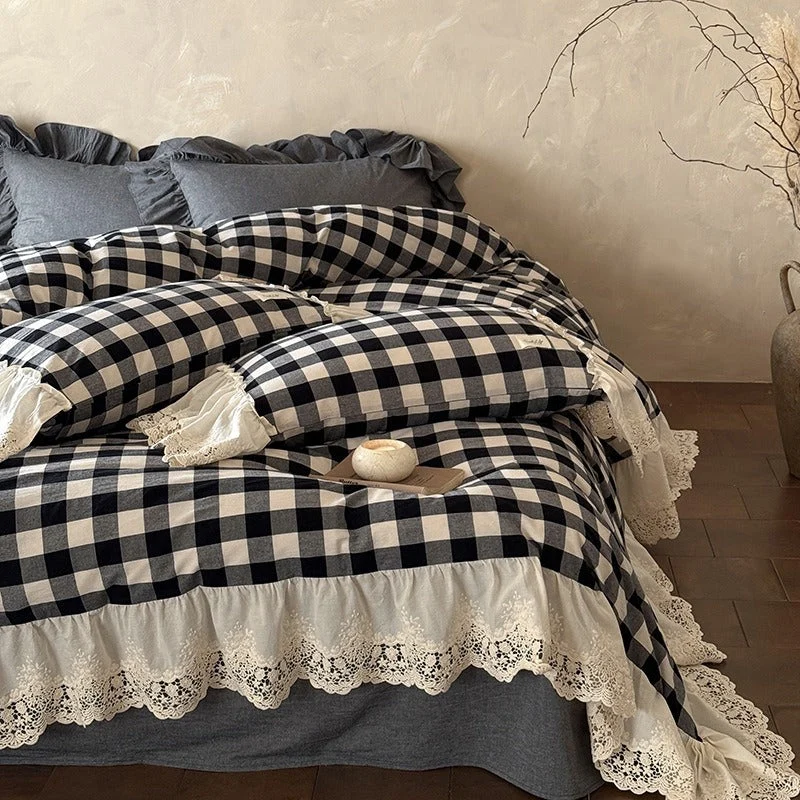 Eco-Friendly Countryside Lace Checker Bedding Set Sustainable