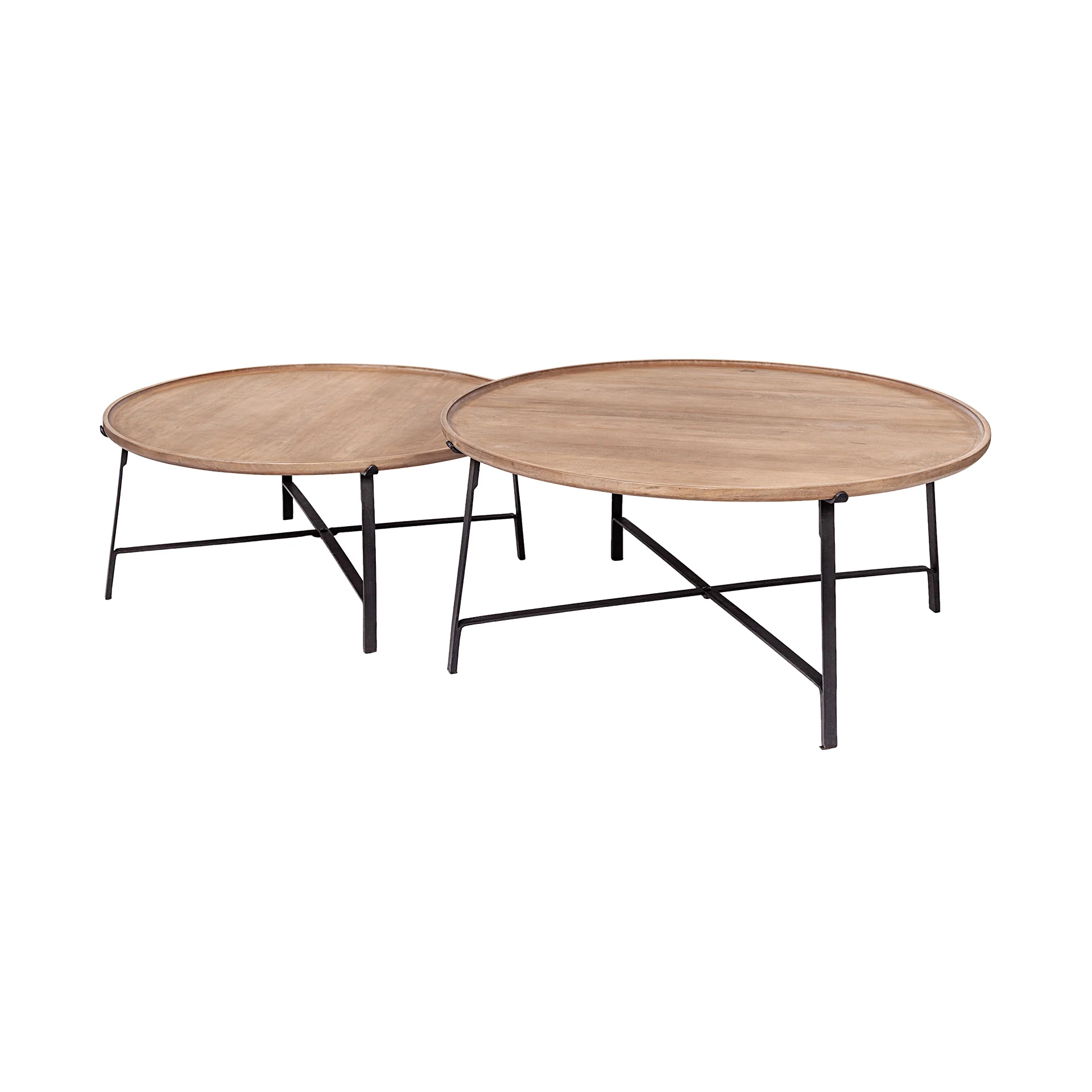 High-Quality Helios Set of 2 Brown Solid Wood Top Black Metal Base Nesting Coffee Tables Comfortable