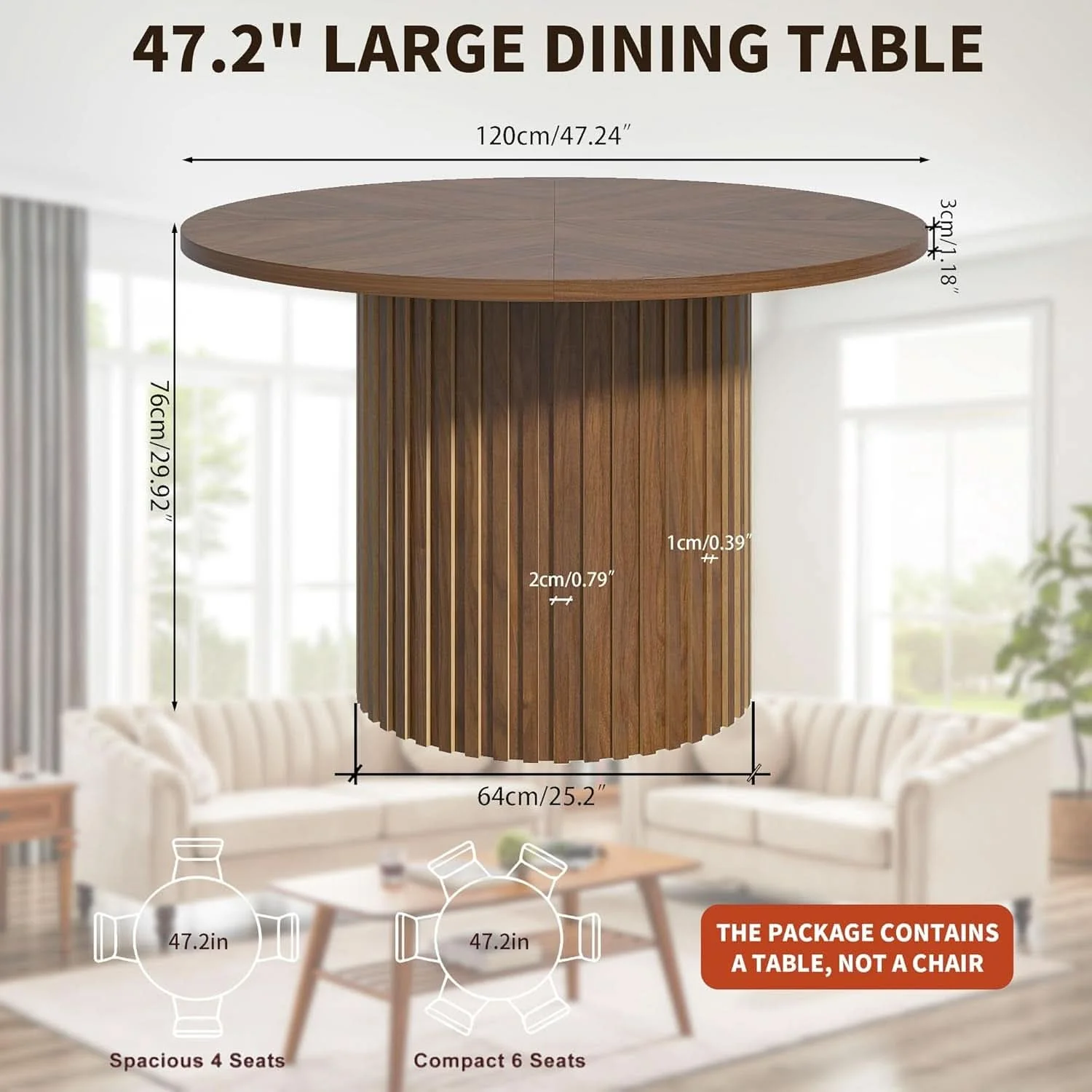 Expertly Made Round Walnut Dining Table 47 Inch With Wood Strip Base Crafted