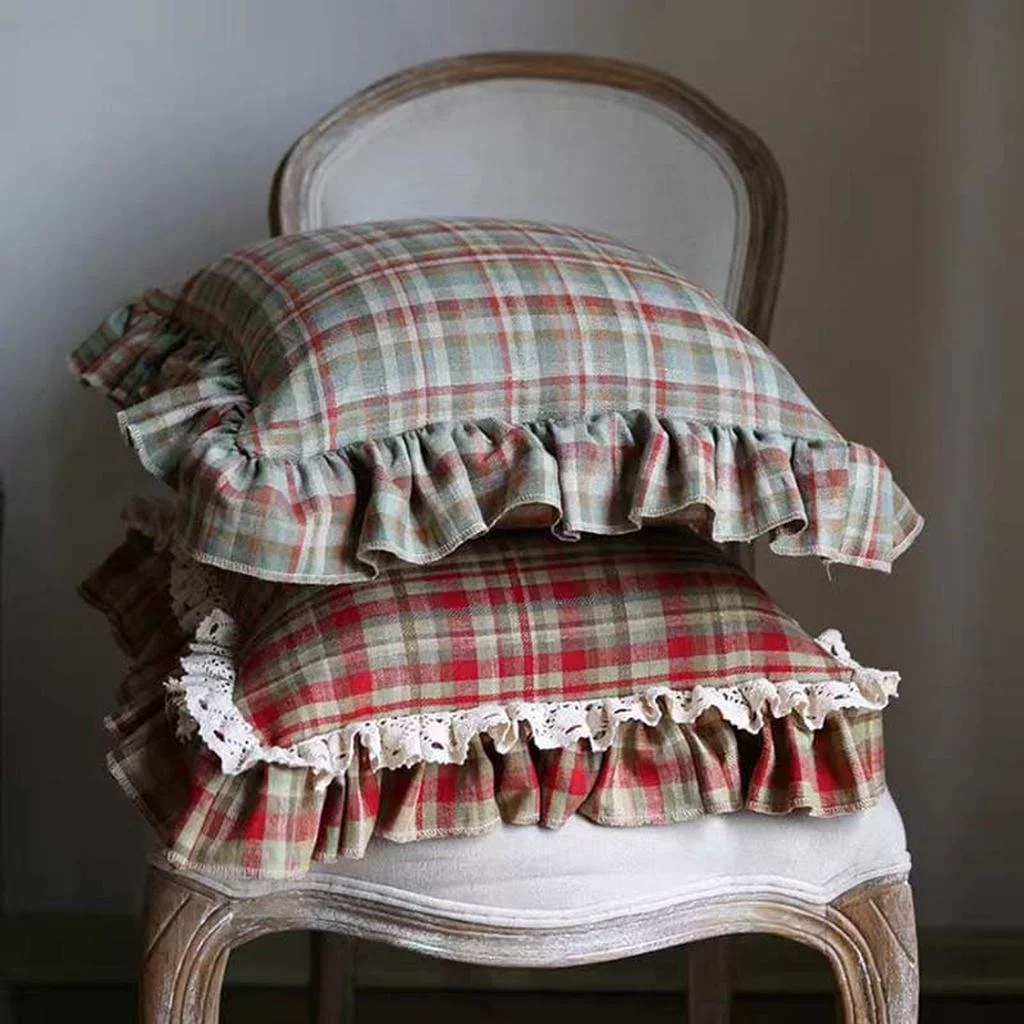 Luxury Red Plaid Throw Pillow with Ruffle Contemporary
