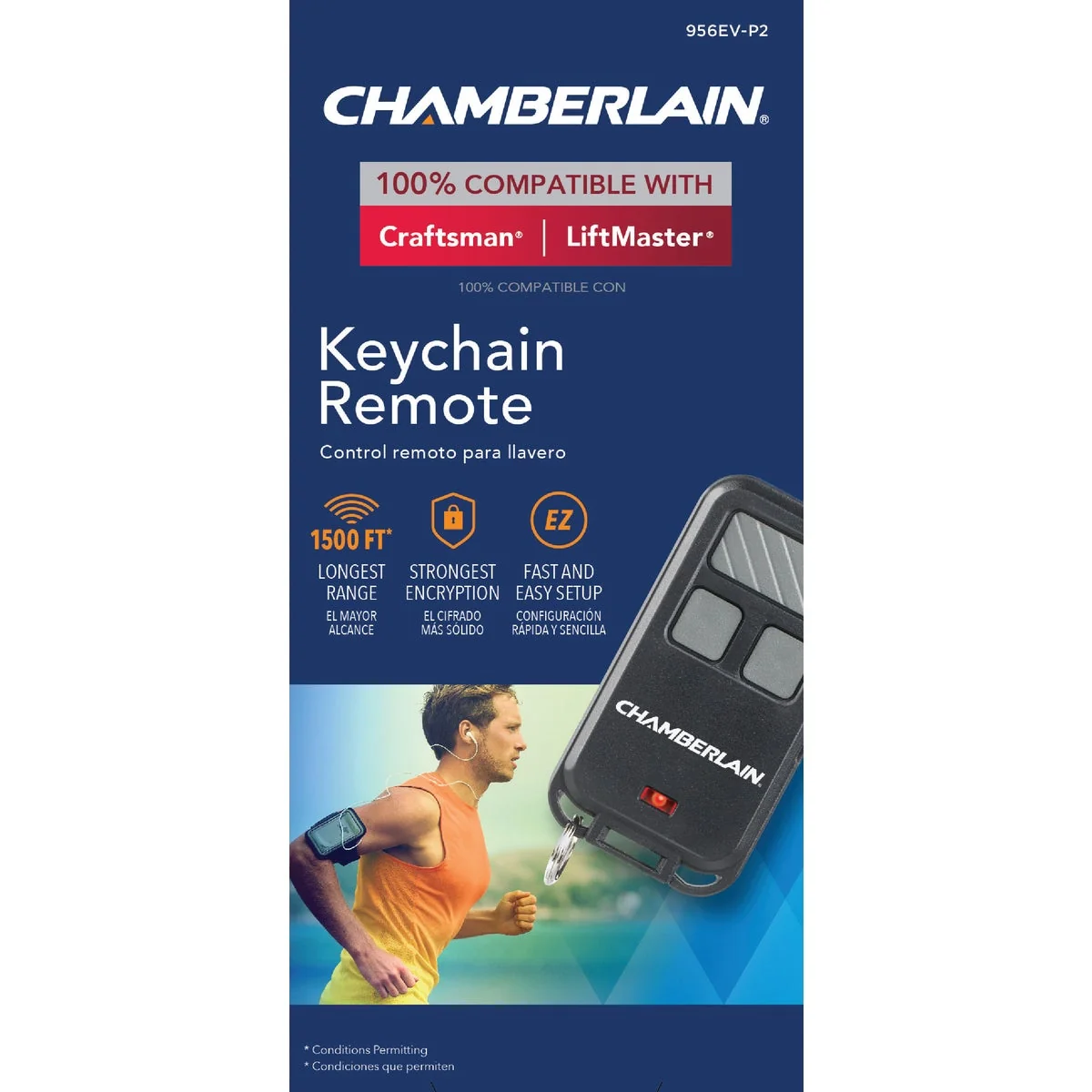 Powerful Chamberlain 3-Button Black Garage Door Remote Keychain Smooth