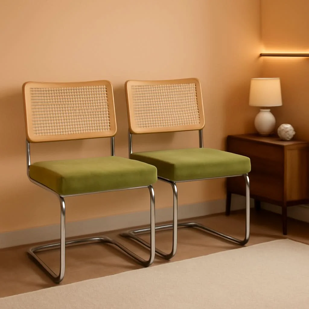 Pure Green Handwoven Cane Dining Chairs Set Of 2 Chrome Base Contemporary