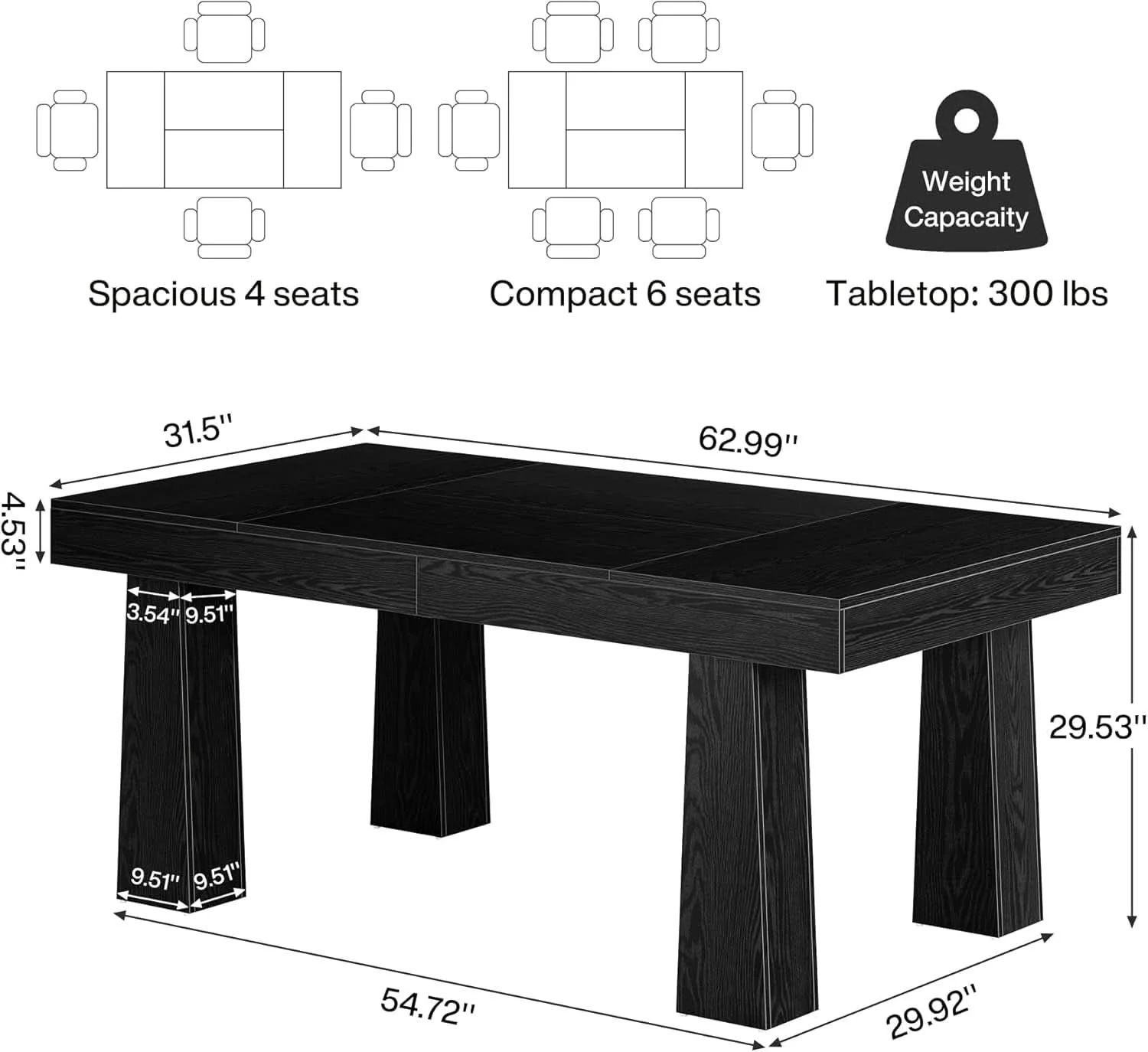 Powerful 63 Inch Black Rectangular Dining Table With Heavy Duty Legs Prestigious