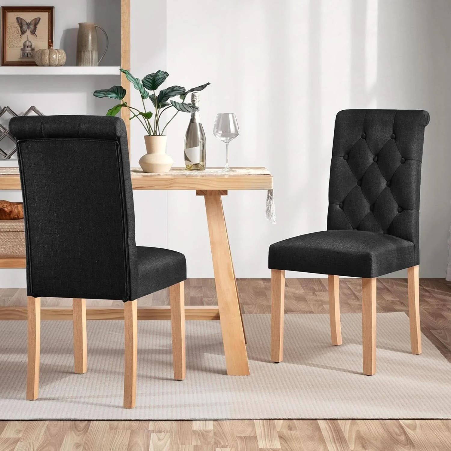 Premium Material Tufted Upholstered Dining Chair Pair With Solid Wood Legs Black Original
