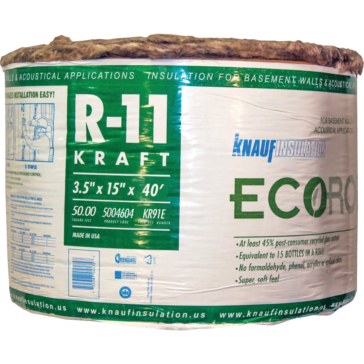 Breathable Knauf R-11 15 In. x 40 Ft. Greenguard Kraft Faced Roll Fiberglass Insulation Versatile