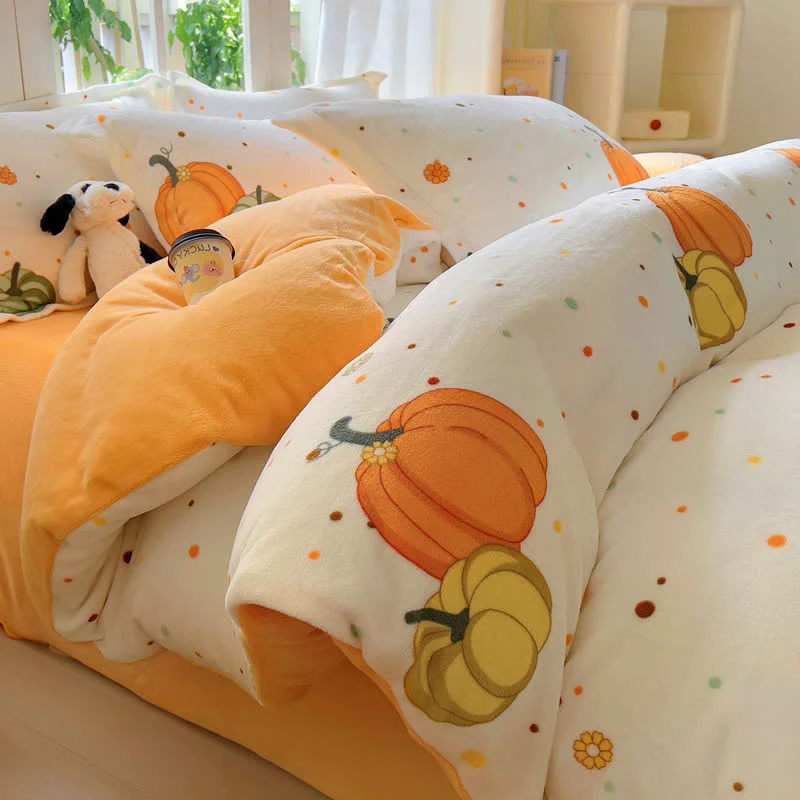 Premium Material Pastoral Pumpkin Plush Fleece Bedding Set 4PCS Unique