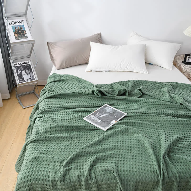 Green Solid Color Waffle Cotton Reversible Quilt Dependable