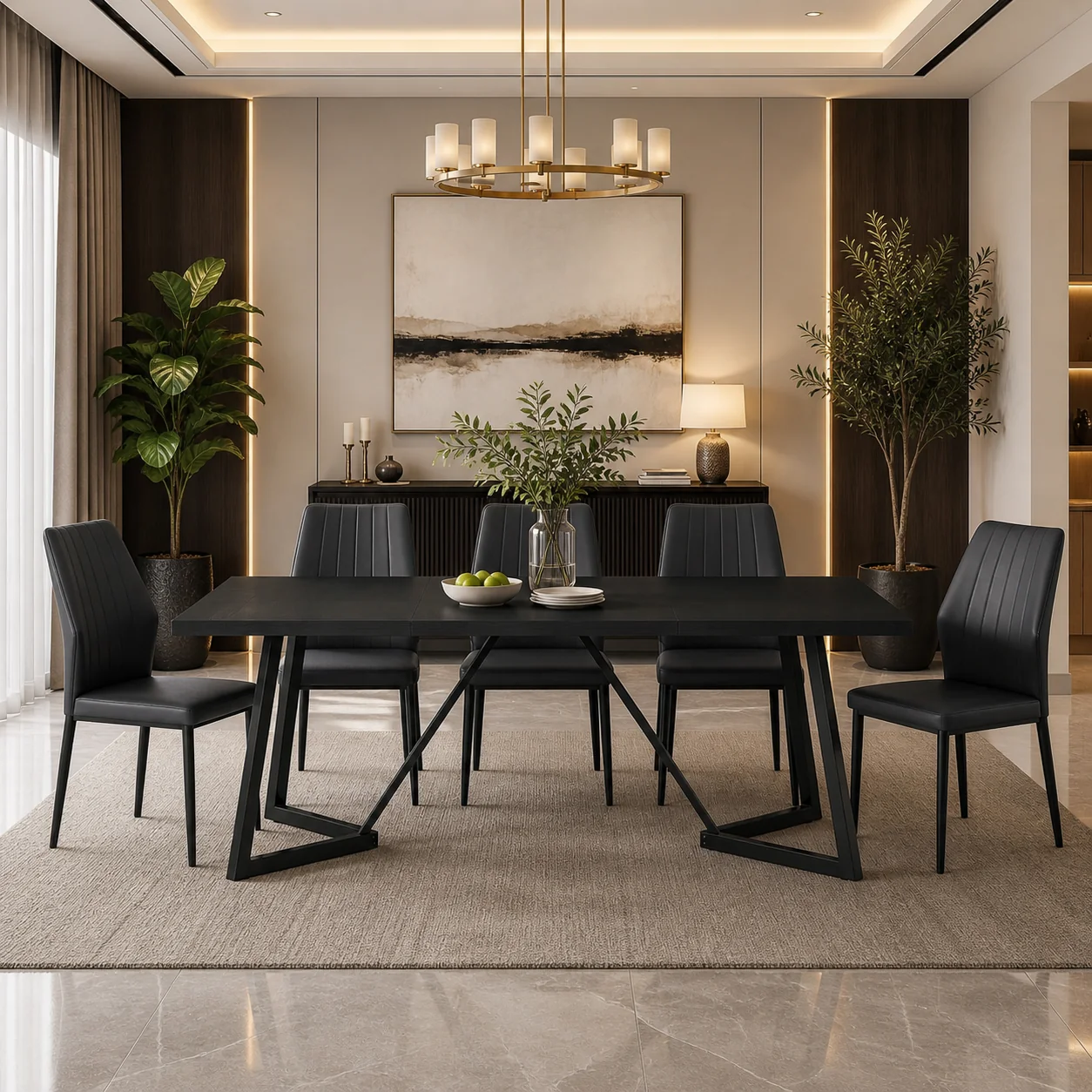 Superior 70.86 Black Rectangular Dining Table Set for 6-8 with 6 Upholstered B Professional