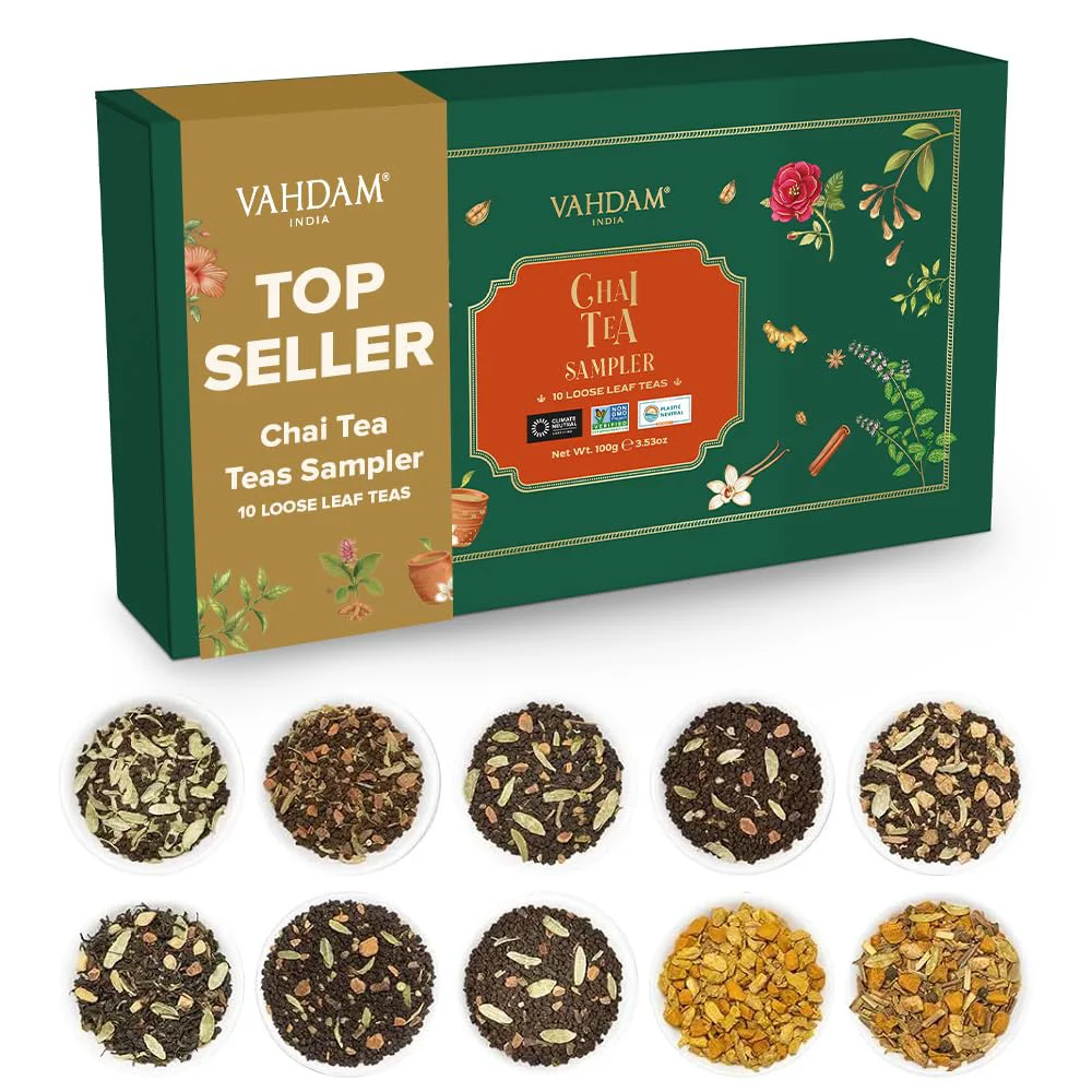 Reliable Vahdam Assorted Chai Tea Loose Leaf Tea Gift Set 10 Flavors Gift Ideas for Women Men Indian Exotic Chai Tea Blends Resealable Ziplock Pouch Stylish