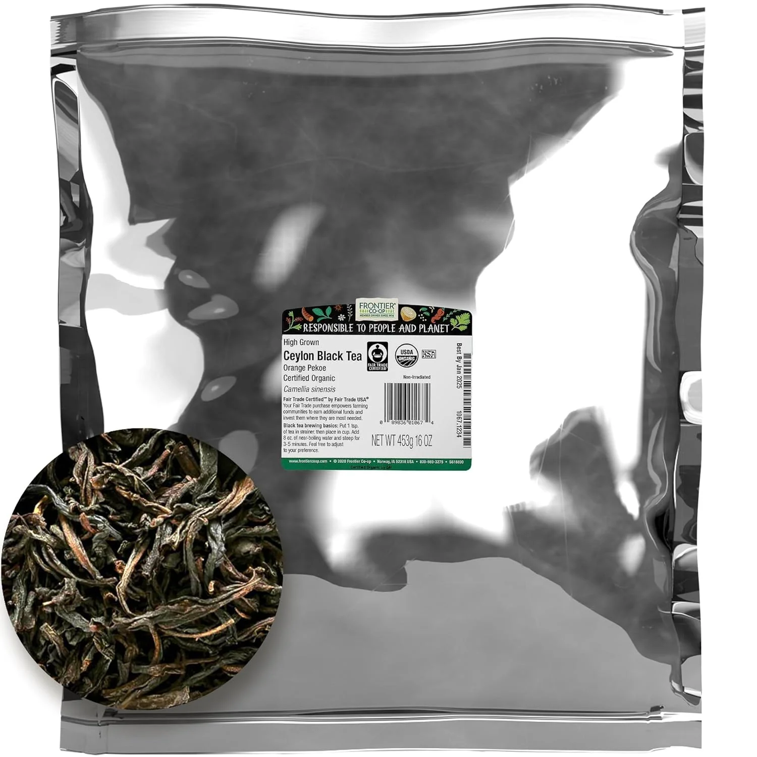 Long-Lasting Frontier Co-op Organic Ceylon Black Tea 1-Pound Bulk High-Grown Orange Pekoe Medium-Strong Tea Body Kosher Fair Trade Green