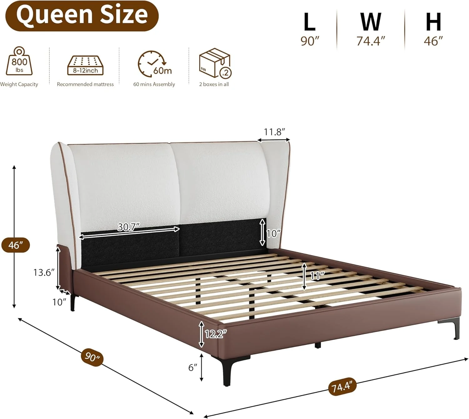 Quality Queen Size White Platform Bed Headboard Wingback Plush Convenient