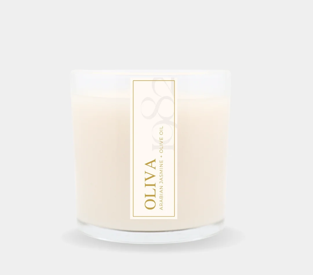Green Oliva 14 oz Double Wick - Notes Arabian Jasmine Blossoms Pressed Olive Oil Avocado User-Friendly