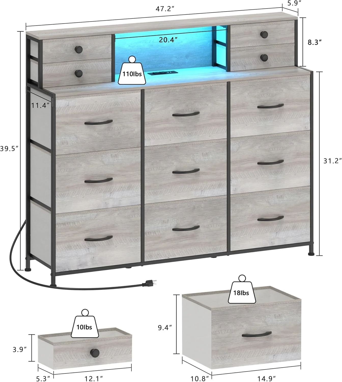 Organic Charcoal Long Dresser With Integrated Power Outlets Official