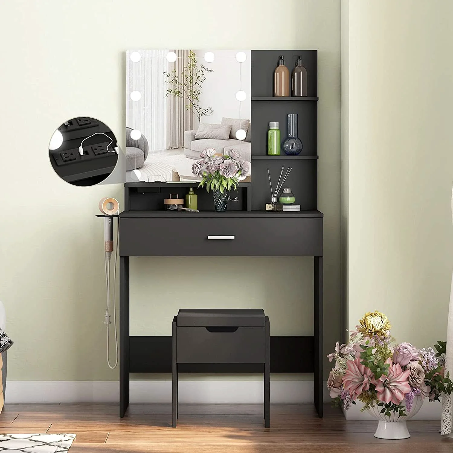 Artisan Black Makeup Vanity Table With Lighted Mirror And USB Ports Excellent